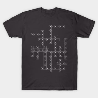 (1965DU-D) Crossword pattern with words from a famous 1965 science fiction book. [Dark Background] T-Shirt